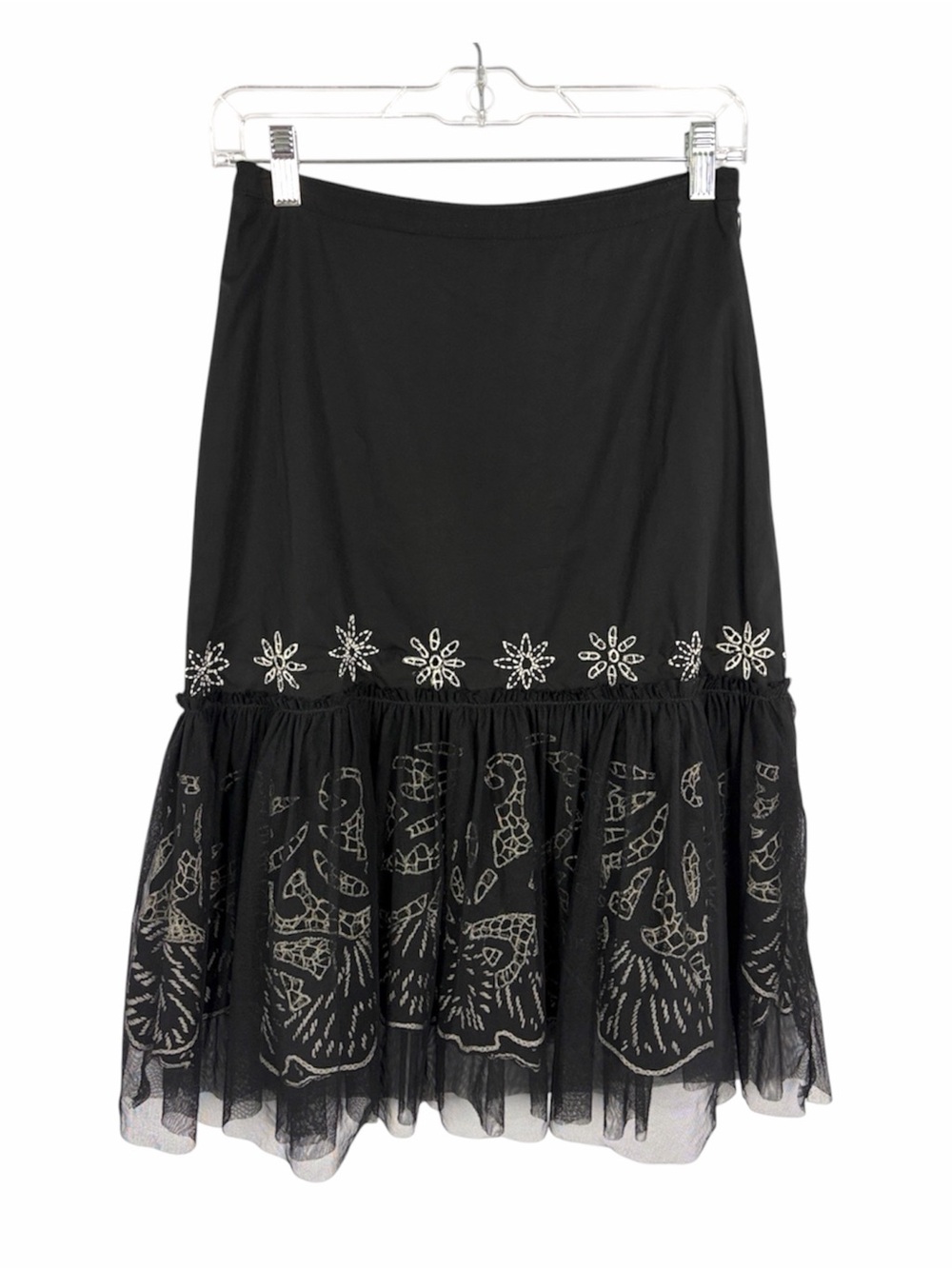 Basil & Maude Black Embroidered Mesh Ruffle Midi Skirt Size 0 Boho Cottagecore